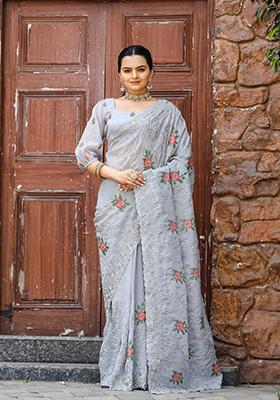 Grey Embroidered Chiffon Saree Set