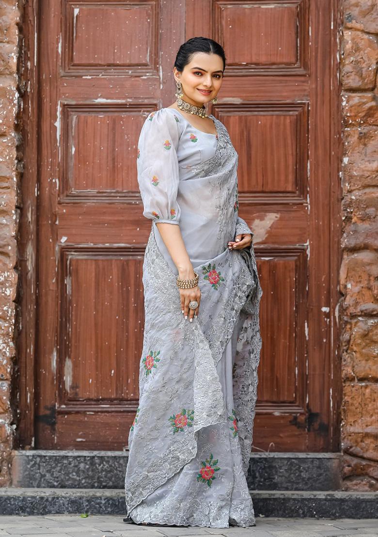 Grey Embroidered Chiffon Saree Set