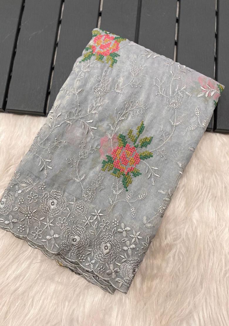 Grey Embroidered Chiffon Saree Set