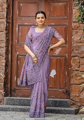 Lavender Embroidered Chiffon Saree Set