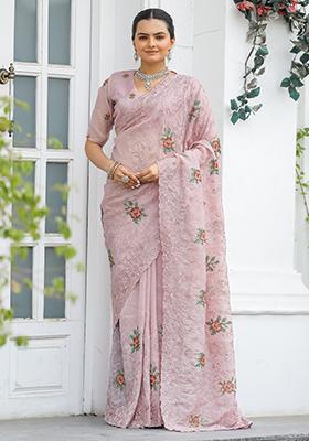 Peach Embroidered Chiffon Saree Set