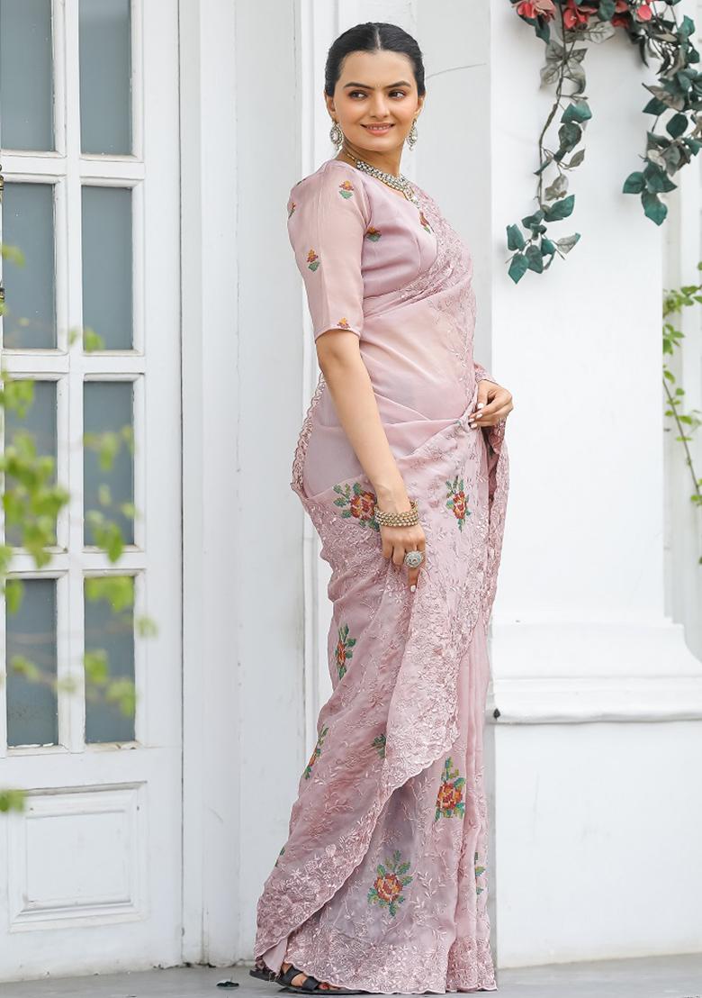 Peach Embroidered Chiffon Saree Set