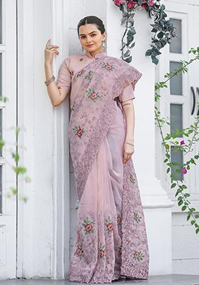 Pink Embroidered Chiffon Saree Set