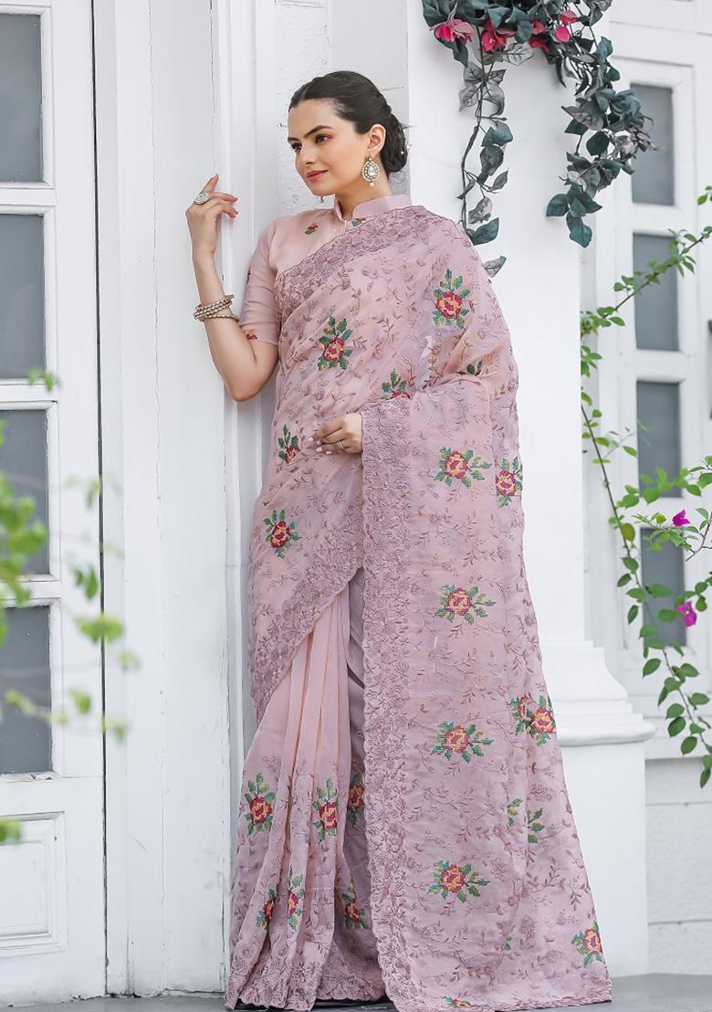 Pink Embroidered Chiffon Saree Set