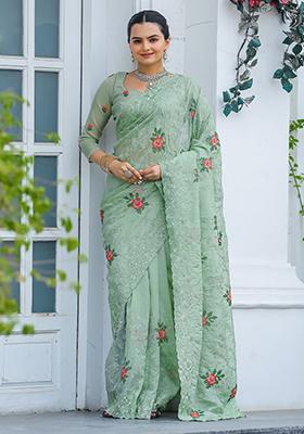 Pista Green Embroidered Chiffon Saree Set