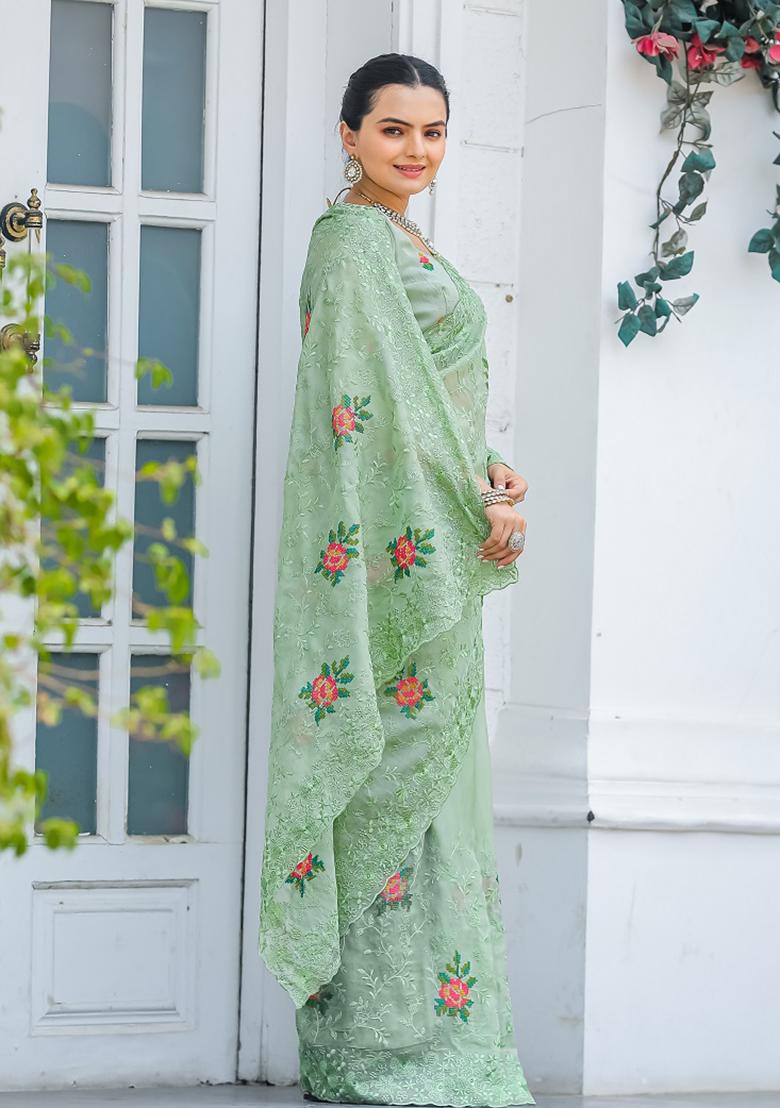 Pista Green Embroidered Chiffon Saree Set