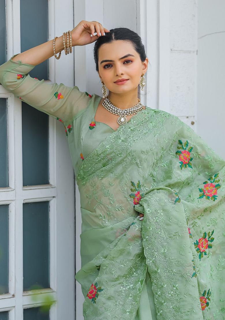 Pista Green Embroidered Chiffon Saree Set