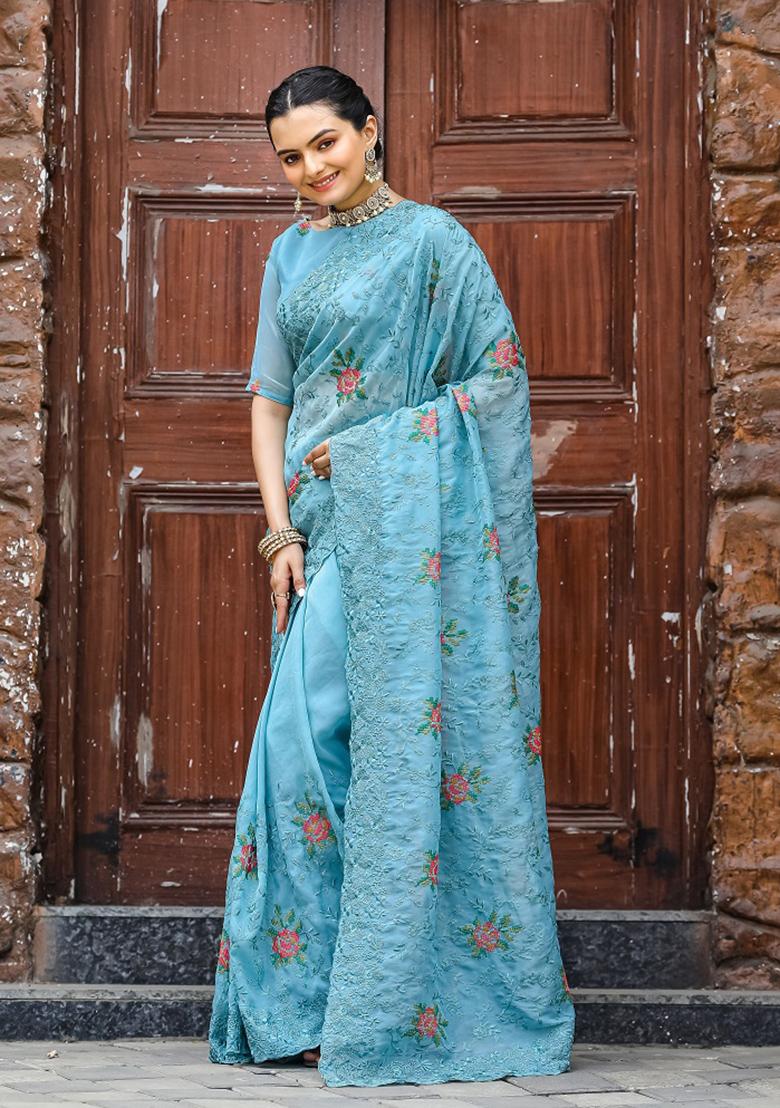 Sky Blue Embroidered Chiffon Saree Set