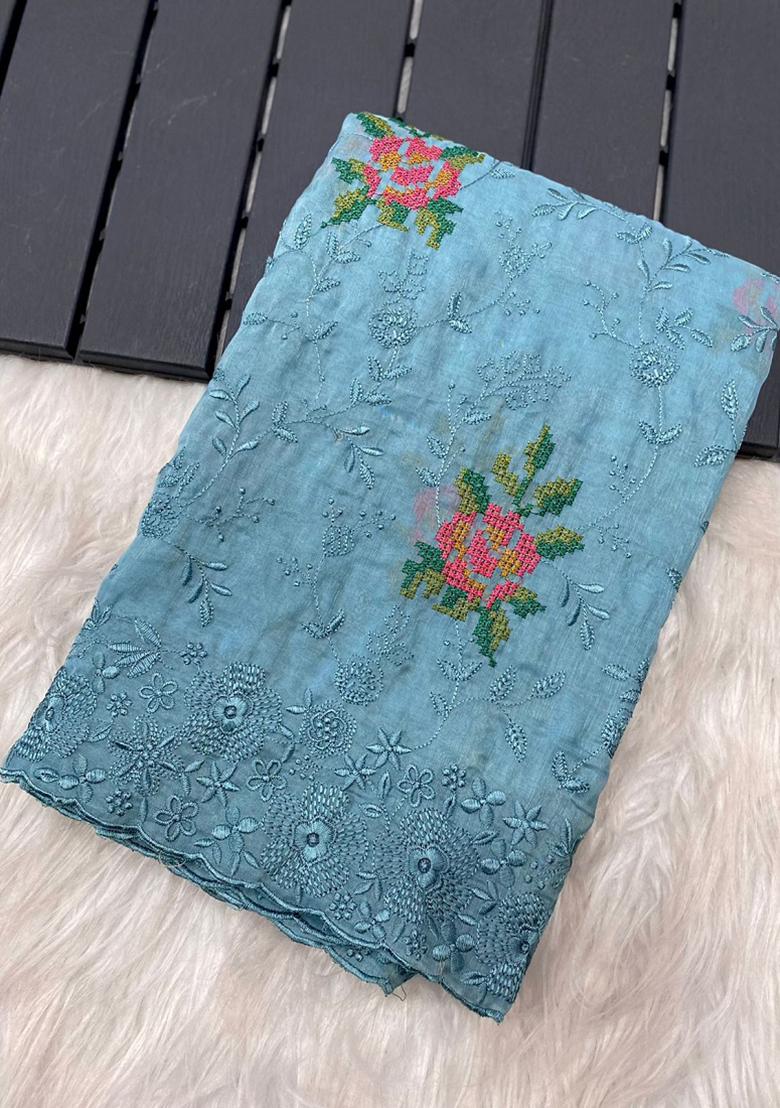 Sky Blue Embroidered Chiffon Saree Set