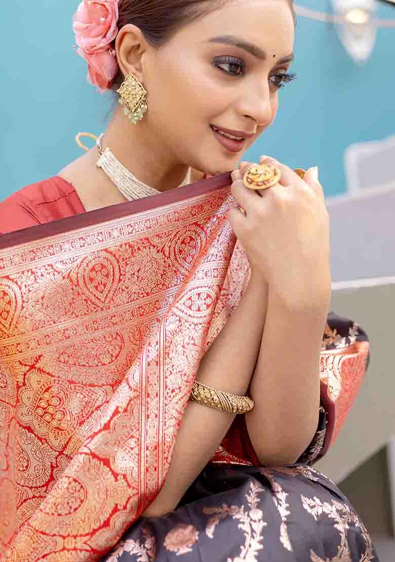 Black Weaving Silk Saree Set