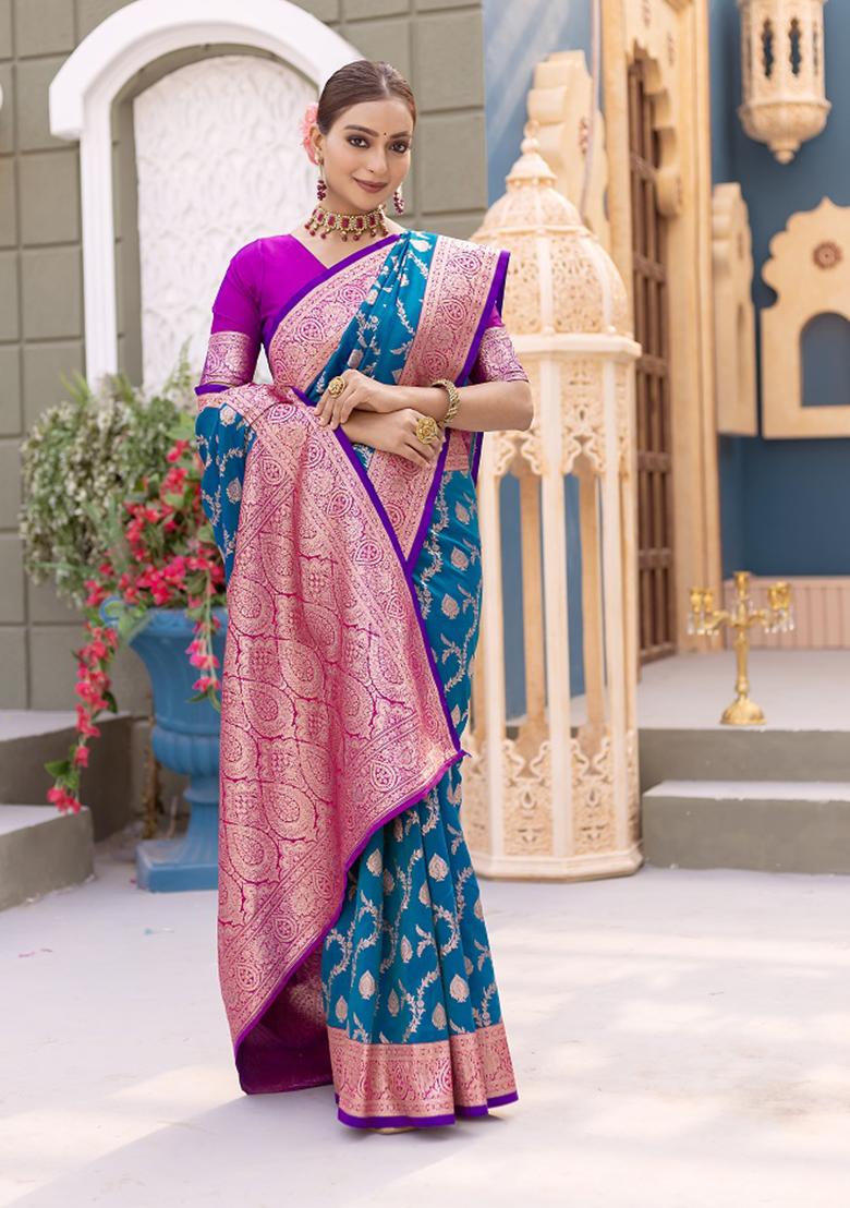 Dark Teal Weaving Silk Saree Set