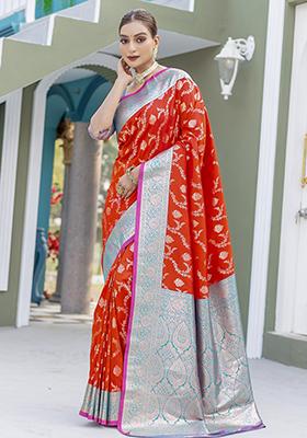 Red Weaving Silk Saree Set