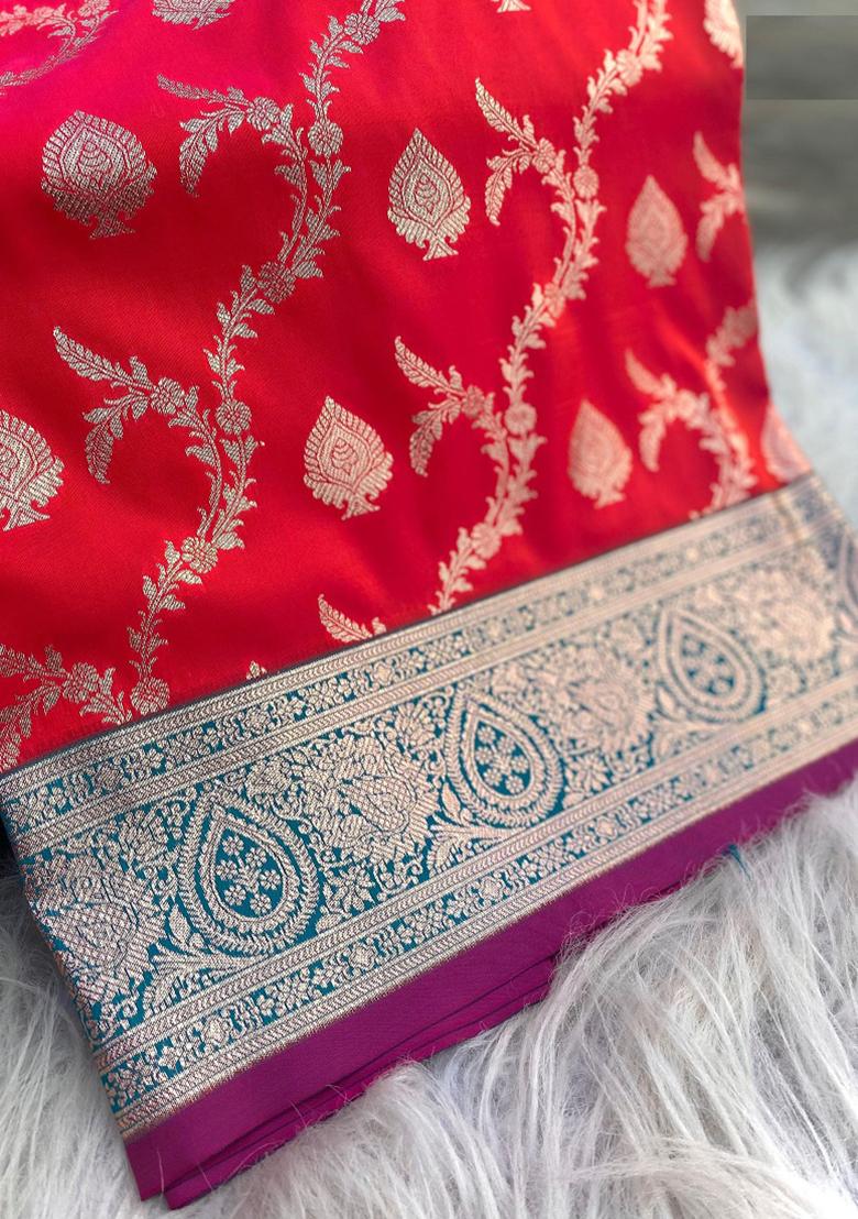 Red Weaving Silk Saree Set