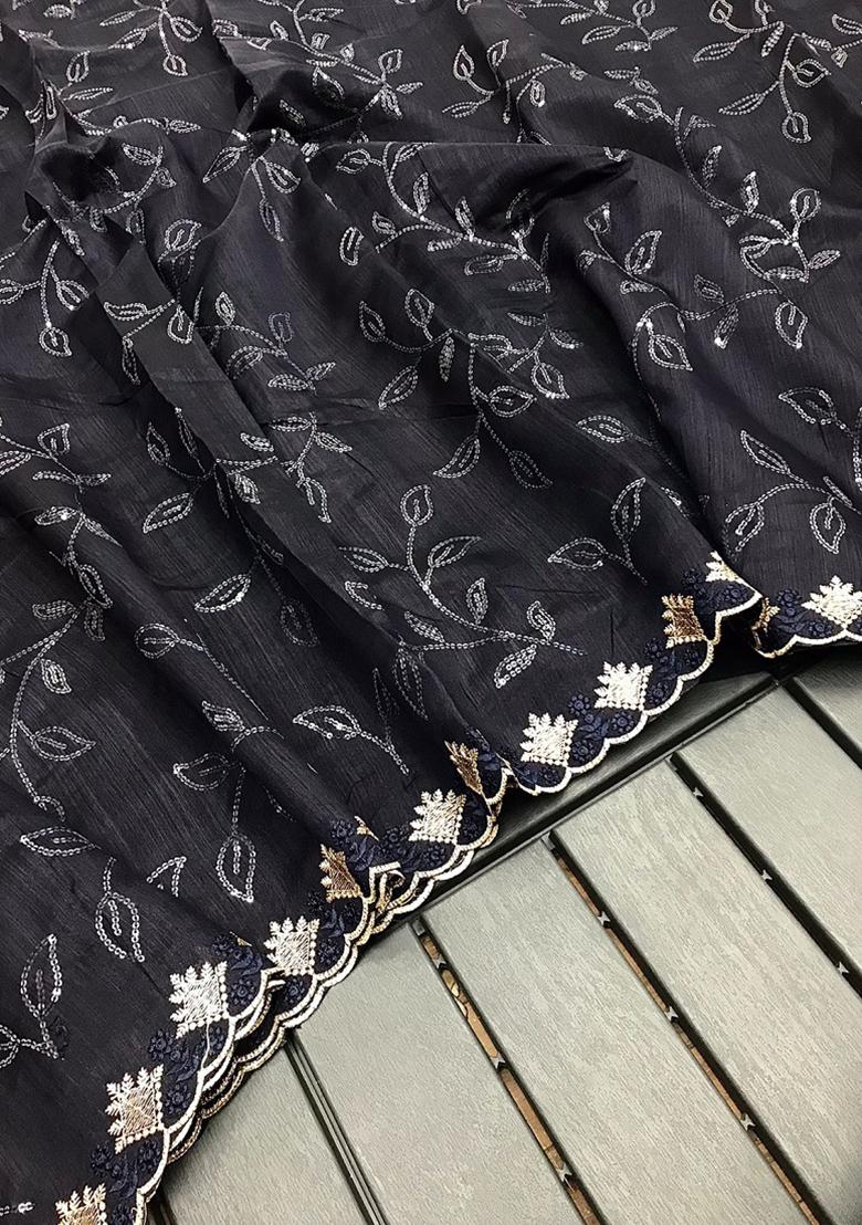 Black Embroidered Silk Saree Set