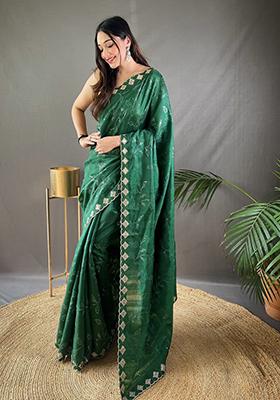 Dark Green Embroidered Silk Saree Set