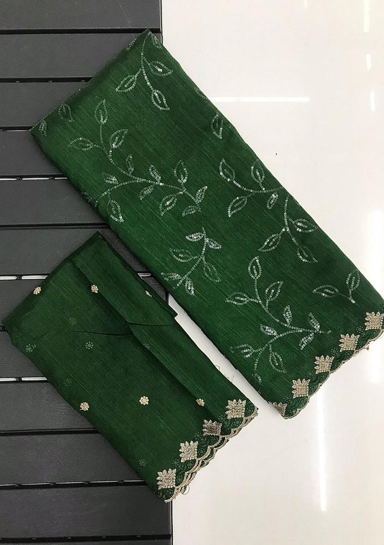 Dark Green Embroidered Silk Saree Set
