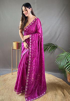 Purple Embroidered Silk Saree Set