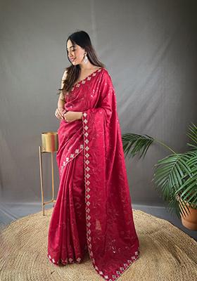 Red Embroidered Silk Saree Set