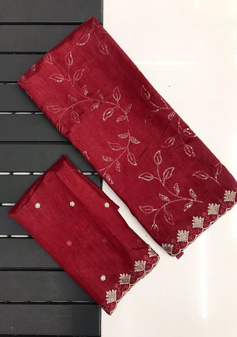 Red Embroidered Silk Saree Set