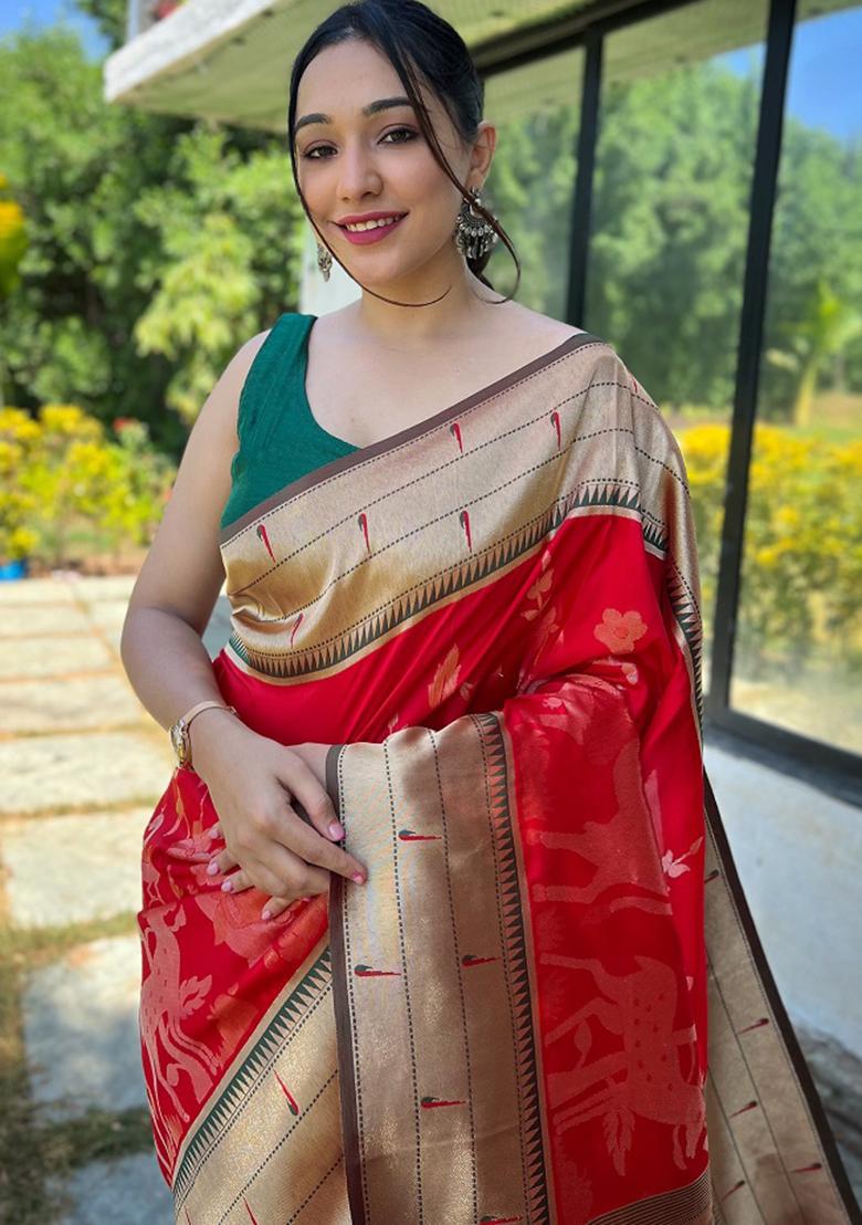 Red Zari Silk Saree Set