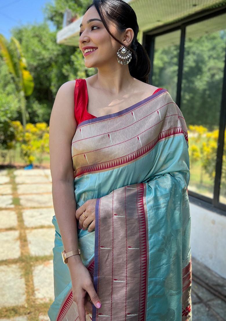 Sky Blue Zari Silk Saree Set