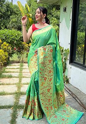 Lime Green Meenakari Silk Saree Set