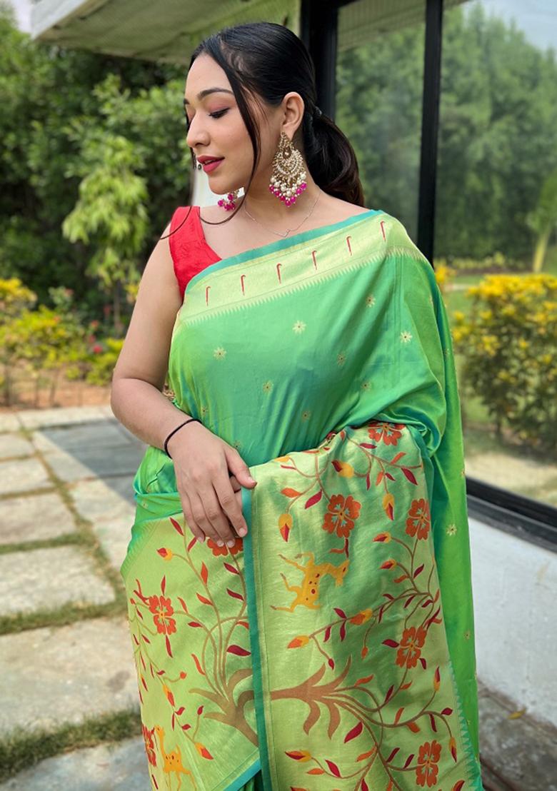 Lime Green Meenakari Silk Saree Set