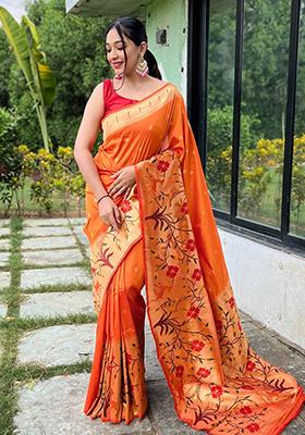 Orange Meenakari Silk Saree Set