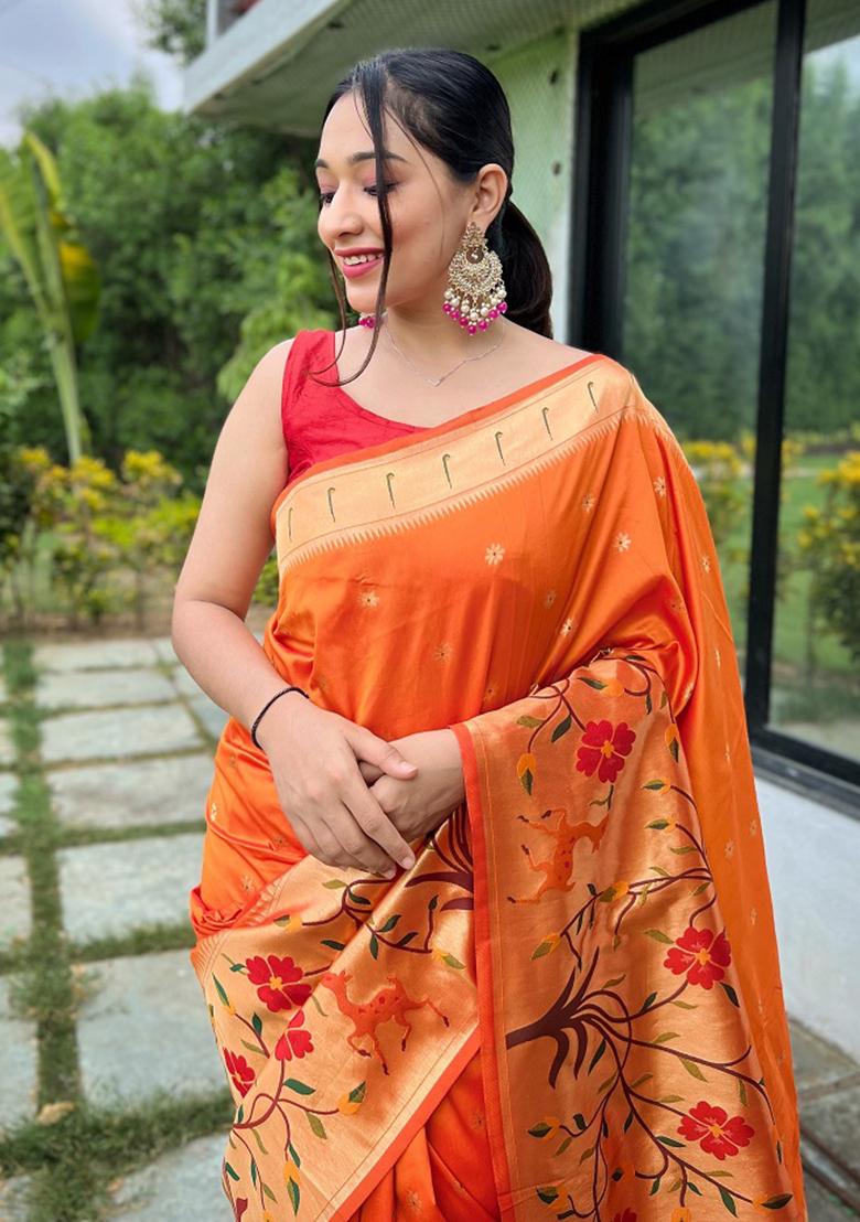 Orange Meenakari Silk Saree Set
