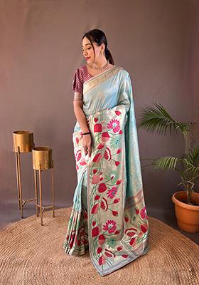 Sky Blue Zari Silk Saree Set