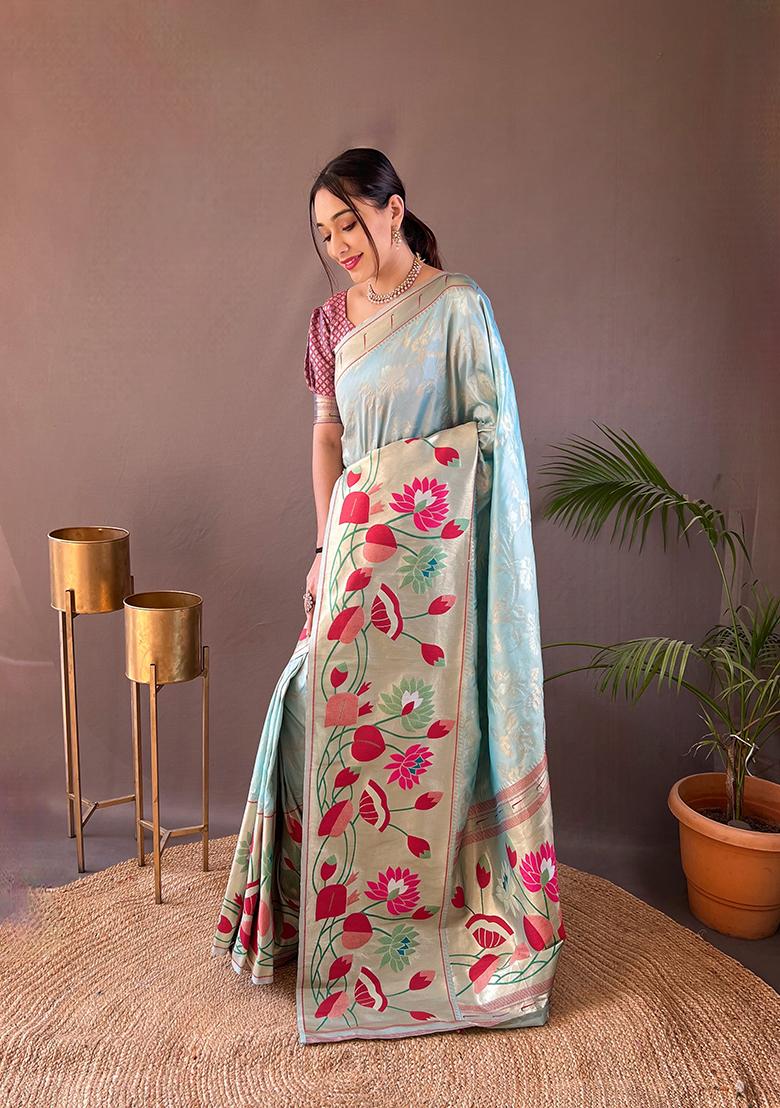 Sky Blue Zari Silk Saree Set