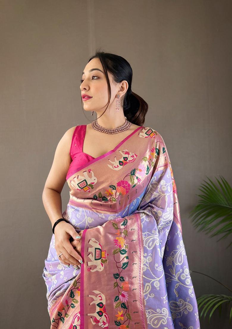 Lavender Zari Silk Saree Set