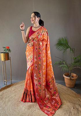 Orange Zari Silk Saree Set