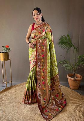 Pista Green Zari Silk Saree Set
