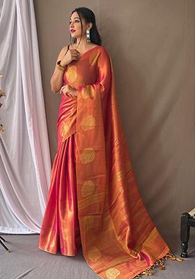 Dark Pink Zari Tissue Silk Saree Set