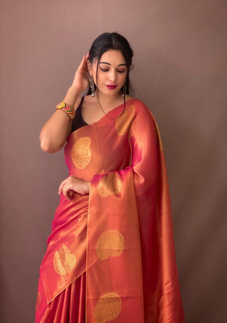 Dark Pink Zari Tissue Silk Saree Set