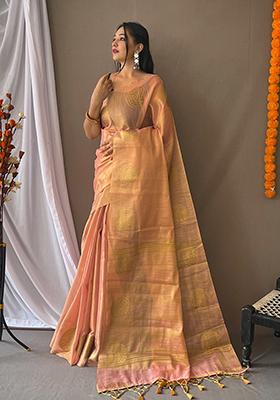 Light Pink Zari Tissue Silk Saree Set