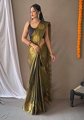Olive Green Zari Tissue Silk Saree Set