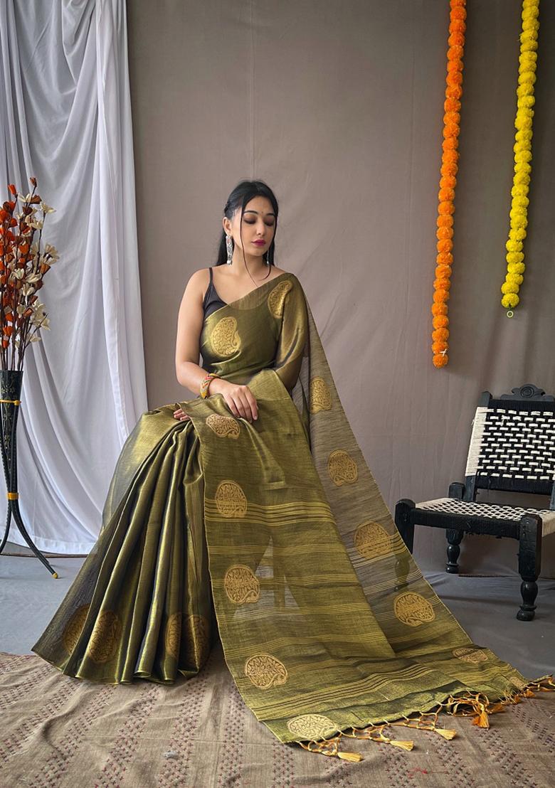 Olive Green Zari Tissue Silk Saree Set