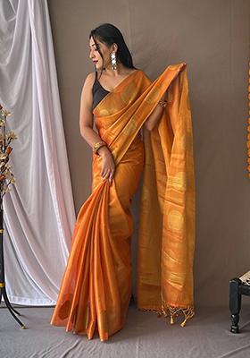 Orange Zari Tissue Silk Saree Set