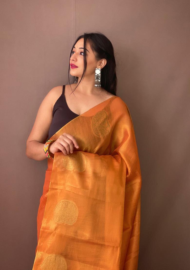 Orange Zari Tissue Silk Saree Set