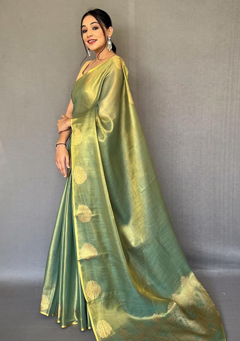 Dark Green Zari Tissue Silk Saree Set