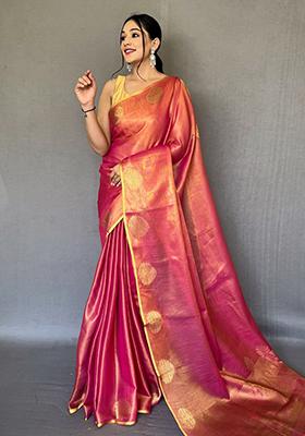 Dark Pink Zari Tissue Silk Saree Set