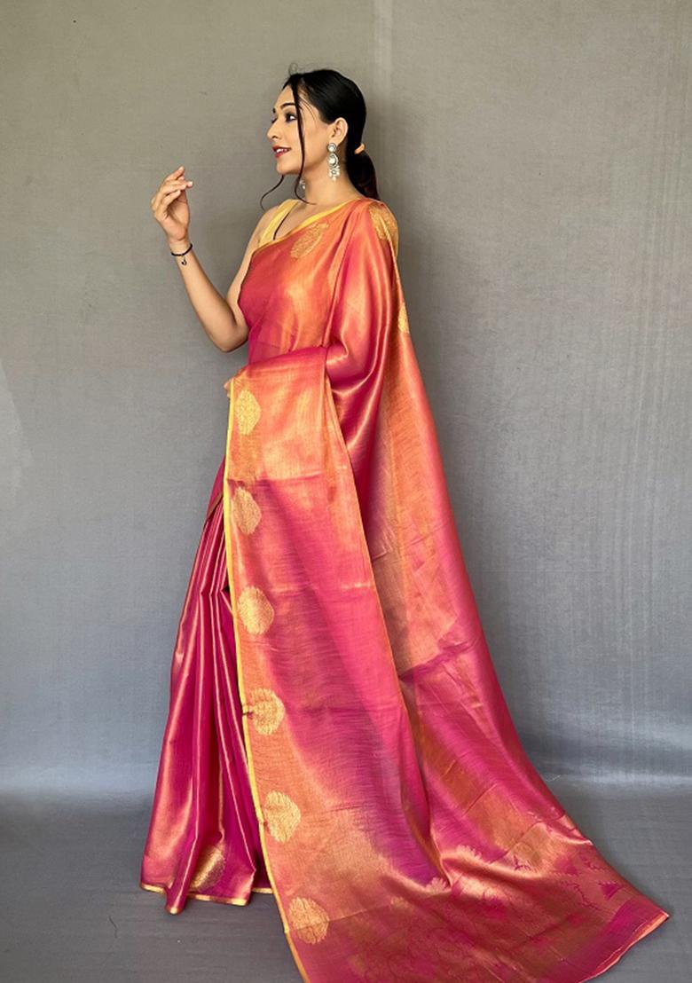 Dark Pink Zari Tissue Silk Saree Set