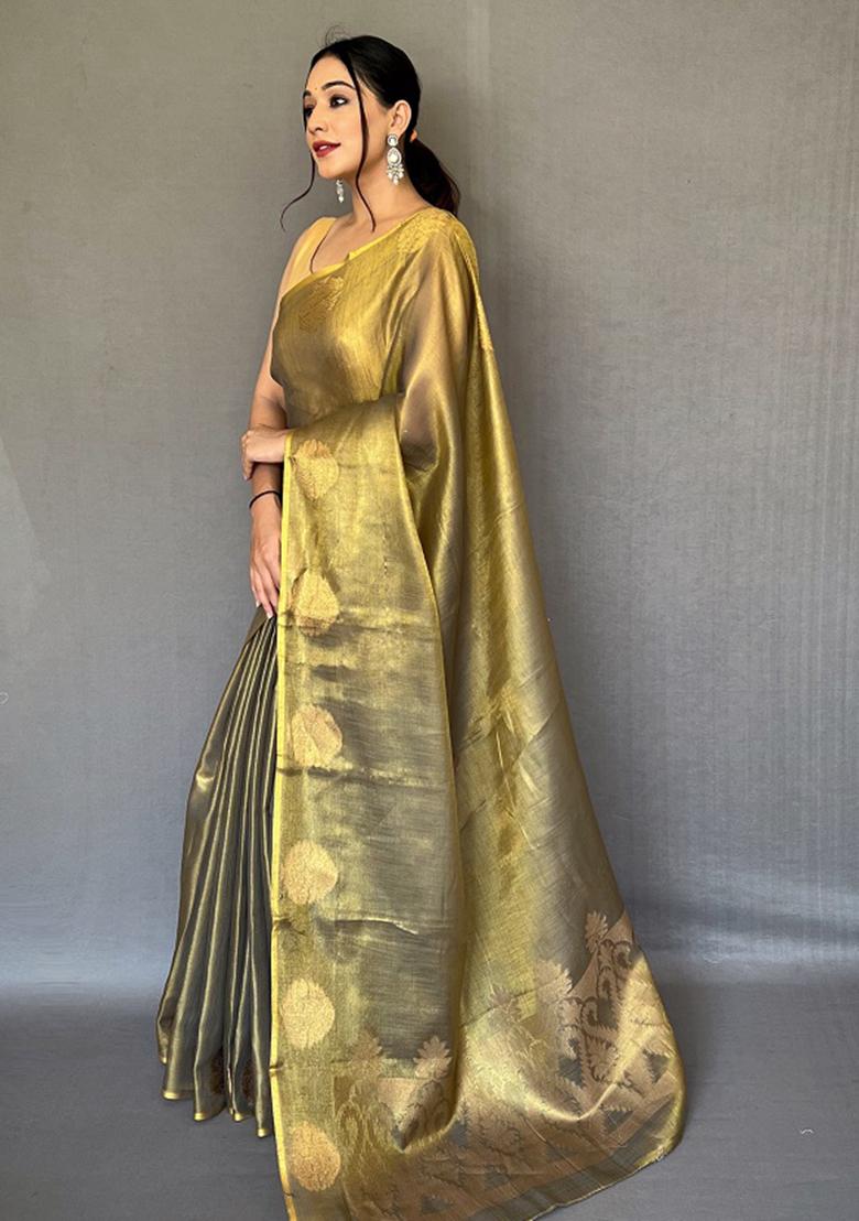 Mehandi Zari Tissue Silk Saree Set