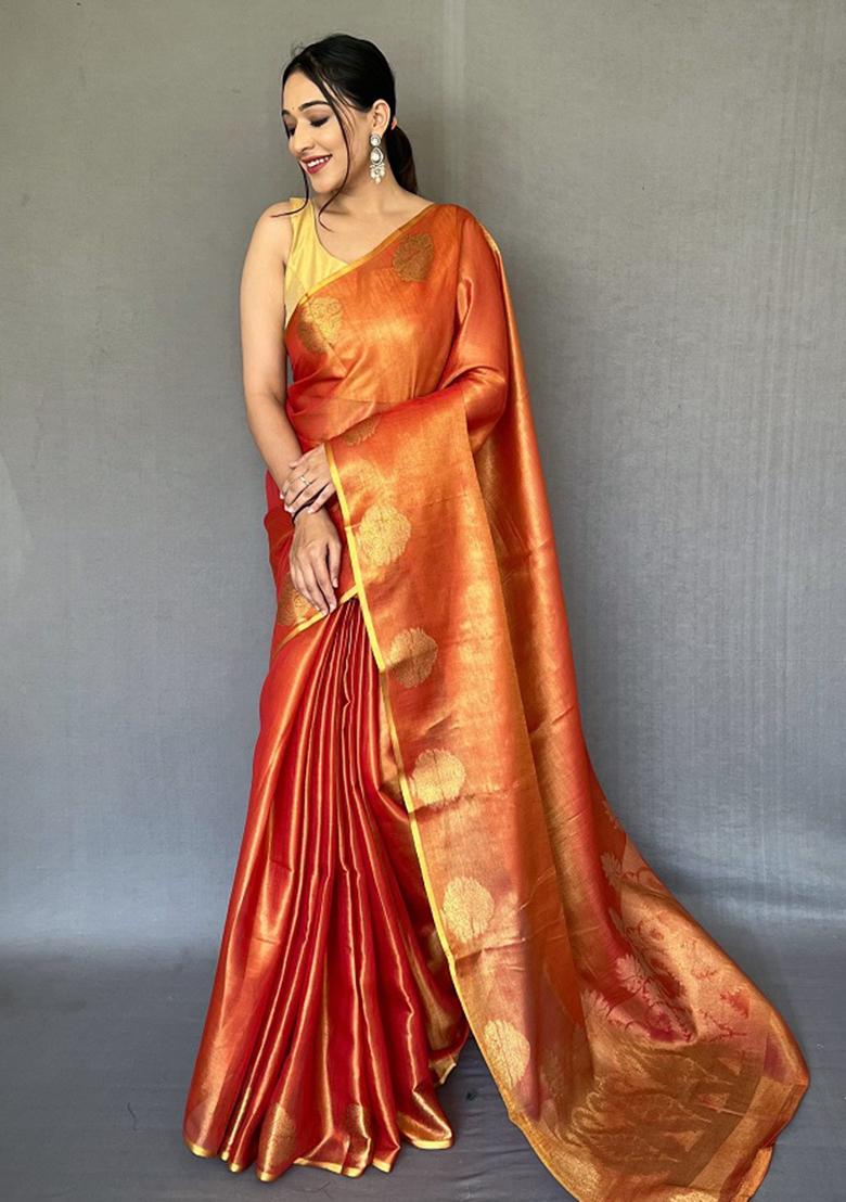 Orange Zari Tissue Silk Saree Set