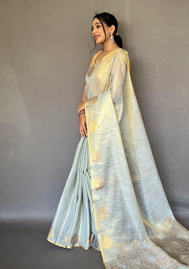 White Zari Tissue Silk Saree Set