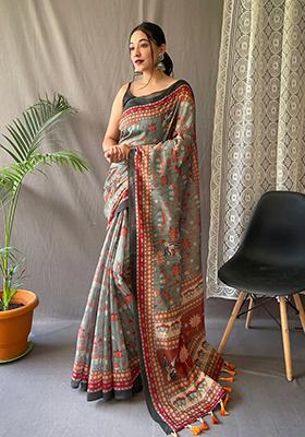 Green Kalamkari Cotton Saree Set