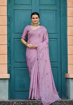 Lavender Embroidered Cotton Saree Set