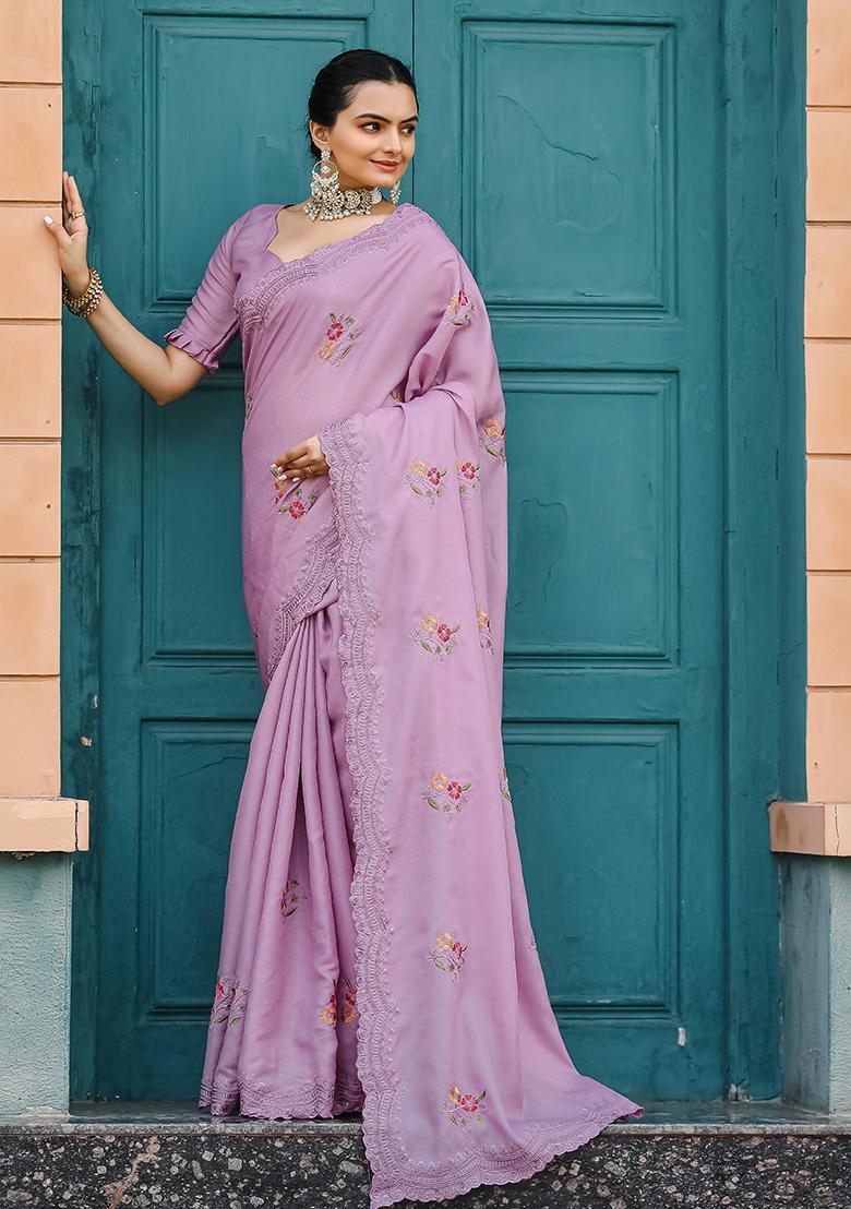 Lavender Embroidered Cotton Saree Set